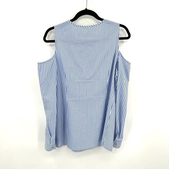 MICHAEL KORS Blue White Striped Cold Shoulder Light Button Up Blouse Size Medium - Picture 2 of 6